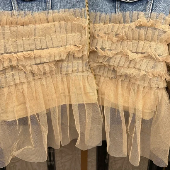 NWT Mesh Layer Bomber Jacket Denim and Tan Ruffle Jacket - Picture 9 of 13